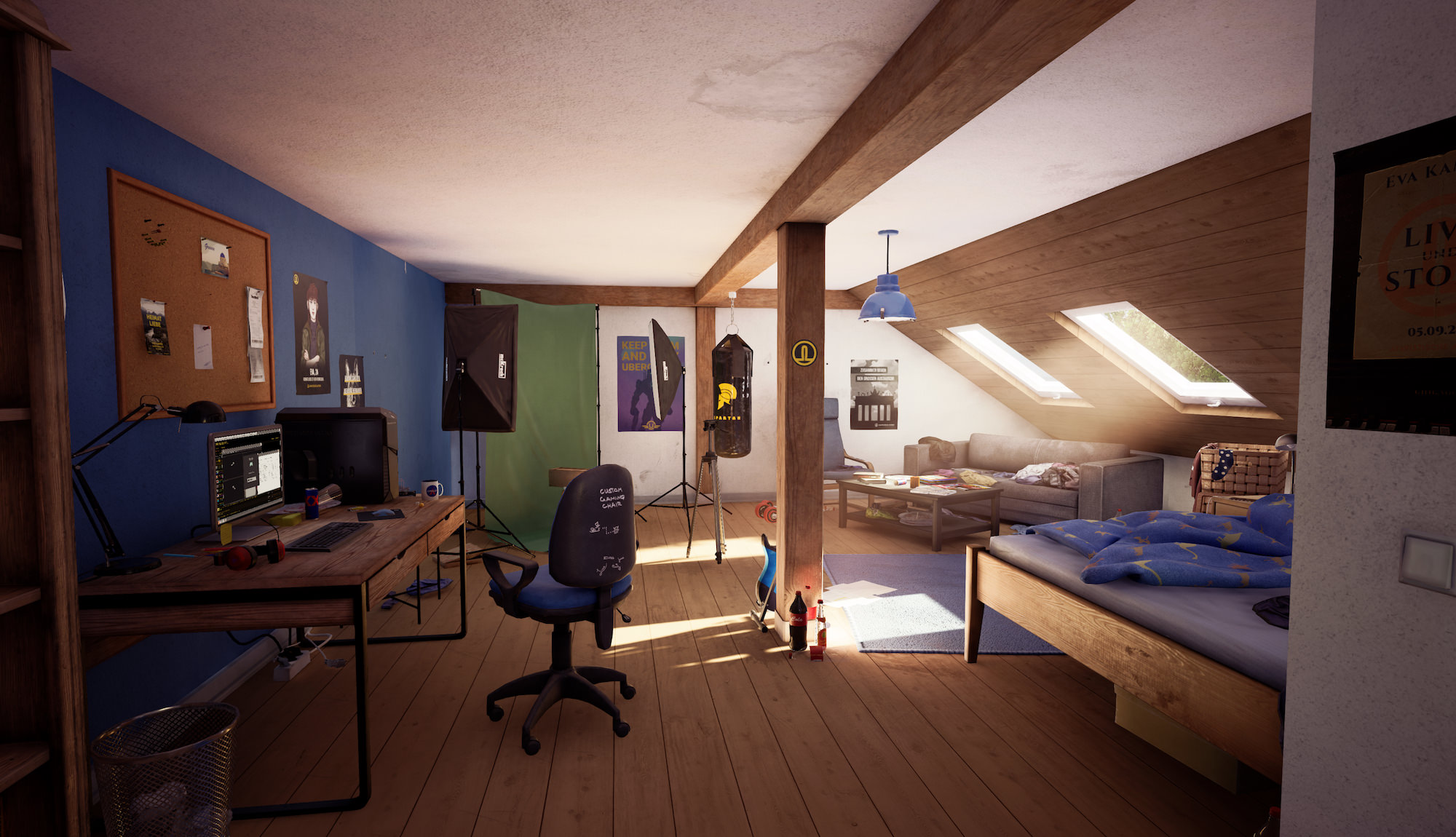 Leons Zimmer unterm Dach: Schreibtisch, Studioleuchten, Boxsack und Bett – Spurensuche beginnt.