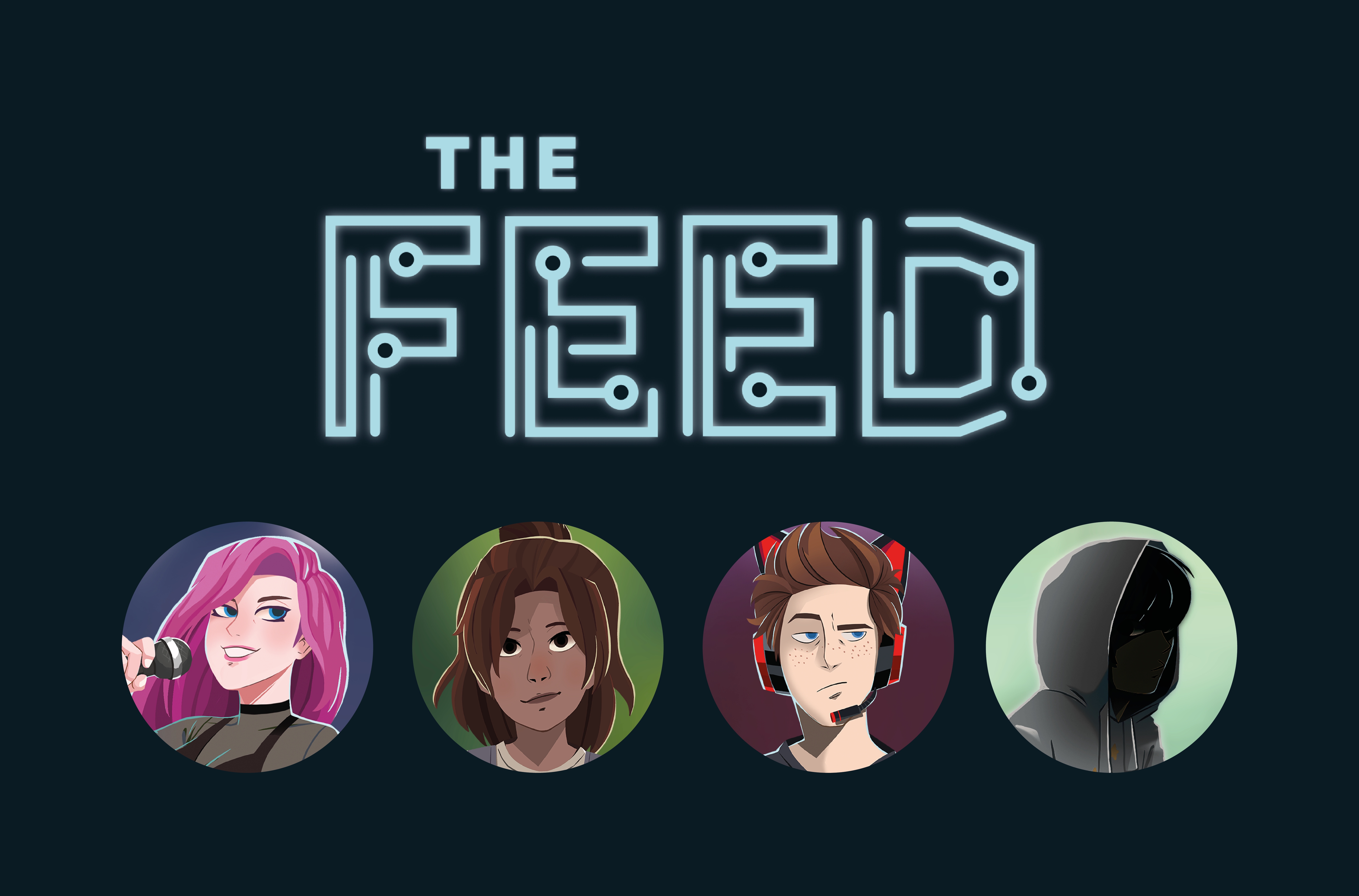Logo ‚The Feed‘ über vier gezeichneten Profilbildern junger Menschen mit unterschiedlichen Charakteren.