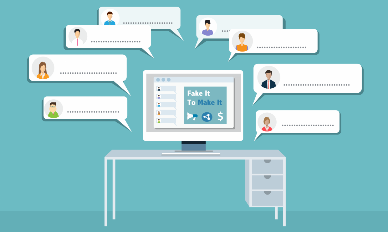 „Illustration: Computer mit Social-Media-Kommentaren; auf dem Bildschirm steht ‚Fake It To Make It‘.“